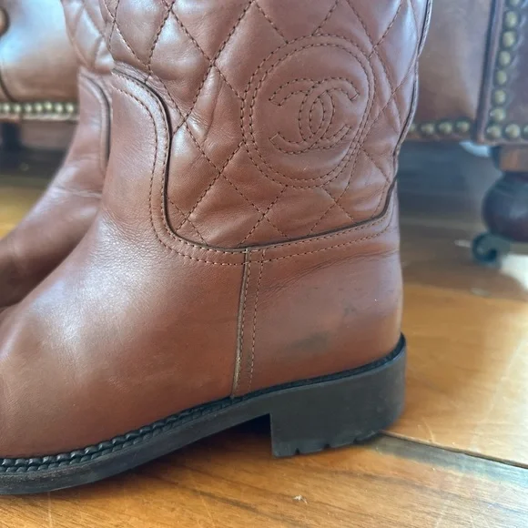 Chanel Women's CC Cap Toe Boots Quilted Leather Brown size :38 running small